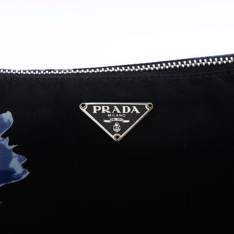 プラダ PRADA フラワープリントホーボーバッグ Re-Nylon 三角ロゴタグ ナイロン ハンドバッグ ブラック WS9934