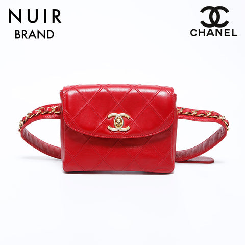 シャネル CHANEL ベルト ポシェット ラムスキン チェーン ウエストバッグ レッド WS9944