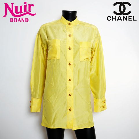 Chanel Coco Button Silk Big Bluse 95 Langarmhemd Gelb EIT1114
