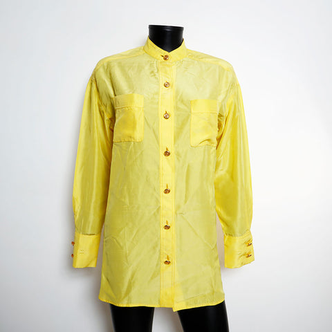 Chanel Coco Button Silk Big Bluse 95 Langarmhemd Gelb EIT1114