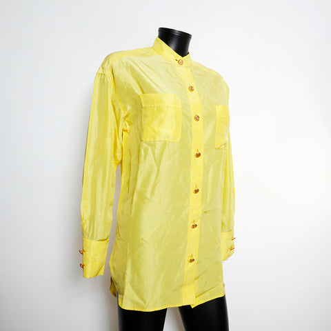 Chanel Coco Button Silk Big Bluse 95 Langarmhemd Gelb EIT1114