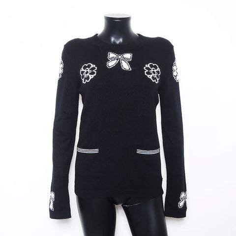 Chanel Ribbon Camellia Long Sleeve Knit Siz e:40 Sweater Black WS10456