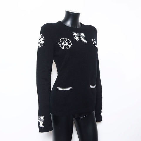 Chanel Ribbon Camellia Long Sleeve Knit Siz e:40 Sweater Black WS10456