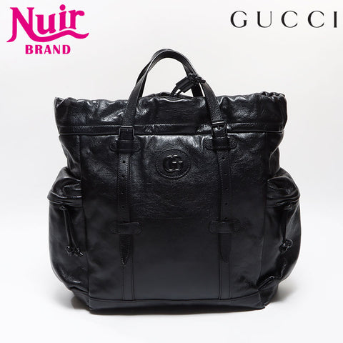 GUCCI Drawstring Leather GG Canvas Marmont Tote Bag black WS13016