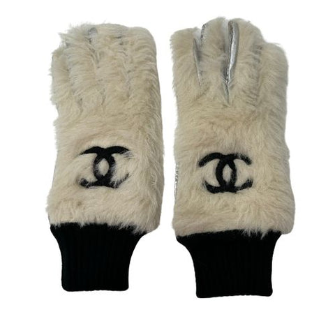 chanel handschuhe leder Chanel Coco Mark Fell Leder 1990er Handschuhe weiß x Silber x Schwarz – NUIR VINTAGE