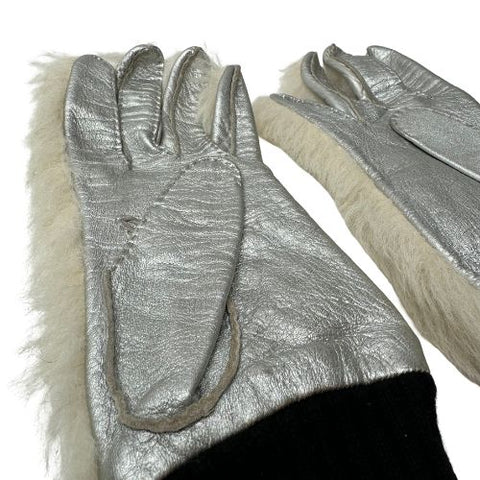 chanel handschuhe weiß Chanel Coco Mark Fell Leder 1990er Handschuhe weiß x Silber x Schwarz – NUIR VINTAGE