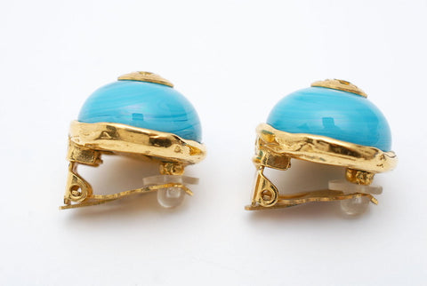 Chanel CHANEL Color Stone Coco Mark Earrings 2CC8 Light Blue Gold P0510