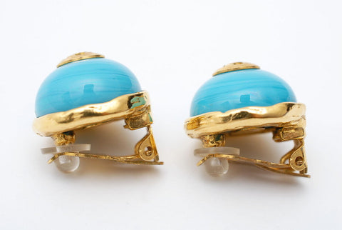 Chanel CHANEL Color Stone Coco Mark Earrings 2CC8 Light Blue Gold P0510