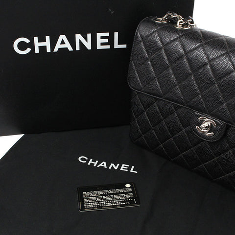 Chanel CHANEL Cabia Skin Coco Mark Chain Shoulder Bag 6th Leather Black P4487