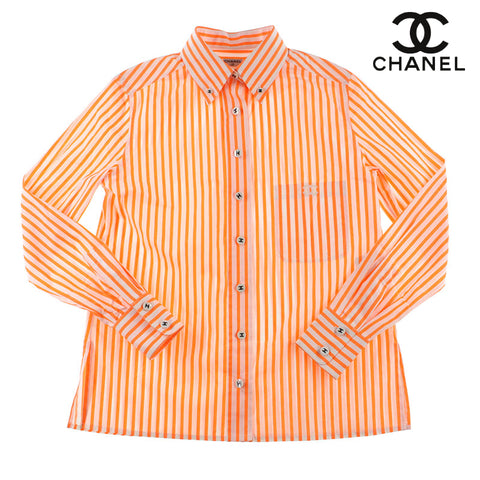 Chanel CHANEL Coco button Stripe Blouse Long Sleeve Shirt Orange x 