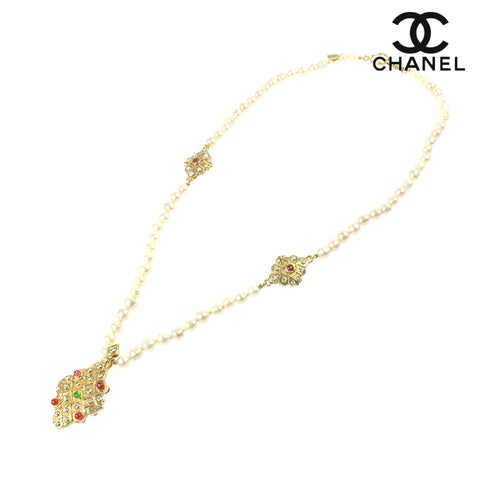 Chanel CHANEL Pearl Rhinestone Gripore Necklace Gold EIT0035P6895