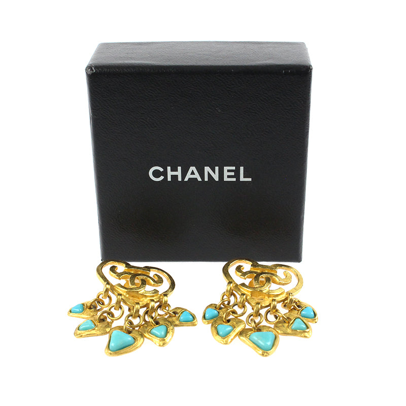 Chanel CHANEL Heart Color Stone Swing Earrings 95P Gold P7289