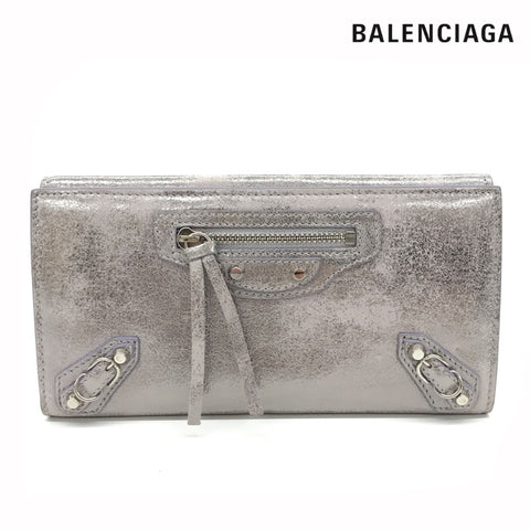 バレンシアガ BALENCIAGA クラシック ファスナー付き 折り 長財布 レザー シルバー P11663