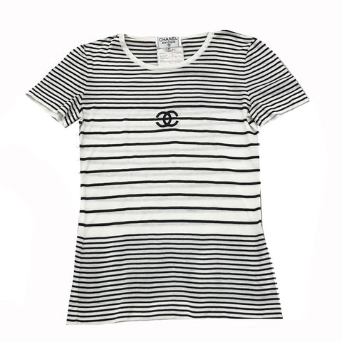 Chanel Coco Mark Border Kurzarm T-Shirt 95p Weiß x Schwarz P11684