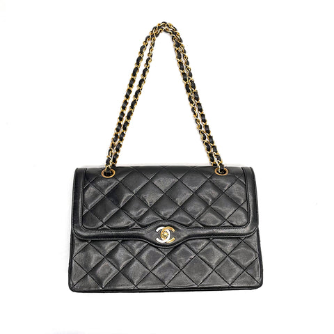 シャネル CHANEL ラムスキン マトラッセ Wフラップ チェーン パリ限定 ショルダーバッグ VINTAGE 中古 定番 ブラック WS1564