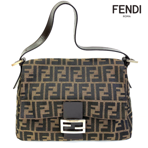 FENDI Mamma Bucket Handbag One Shoulder Bag All-over Pattern Logo Brown WS2473