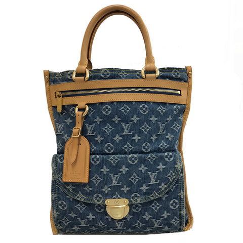 Louis Vuitton Monogram Flat Shopper M95018 Tote Handbag Denim Brown x Blue P11766
