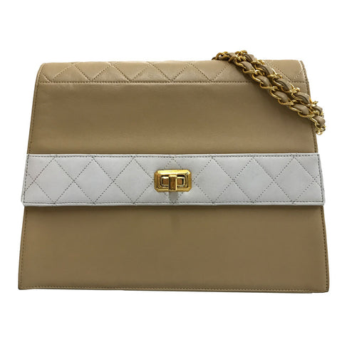 Chanel Matelasse Coco Mark 2.55 Bicolor Chain Shoulder Bag Leather Beige x White C3143