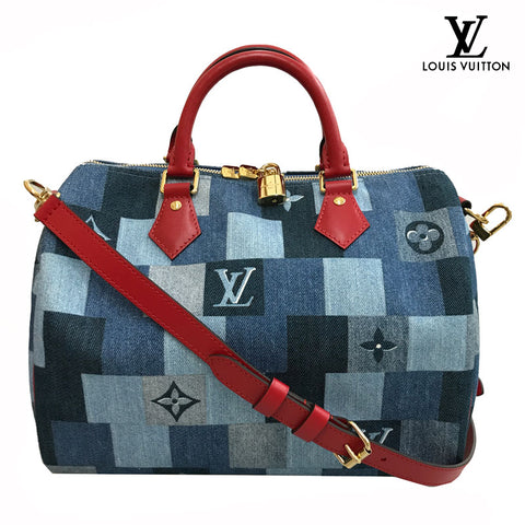 ルイ・ヴィトン LOUIS VUITTON モノグラム スピディー30 M45041 2WAY ショルダーバッグ デニム レザー ブルー×レッド P12126