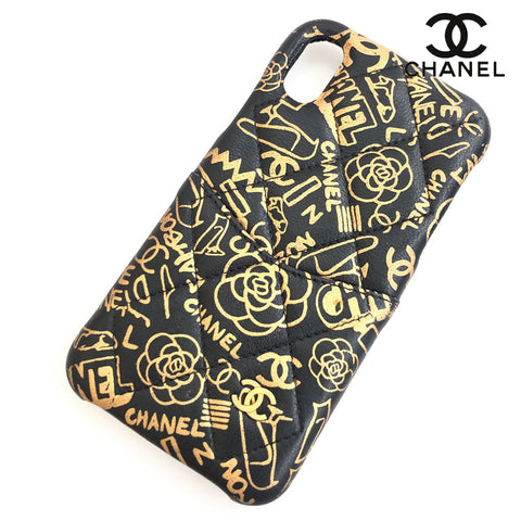 Chanel CHANEL Matrasse Camelia Calfskin iPhoneX mobile case Black x Gold C3048