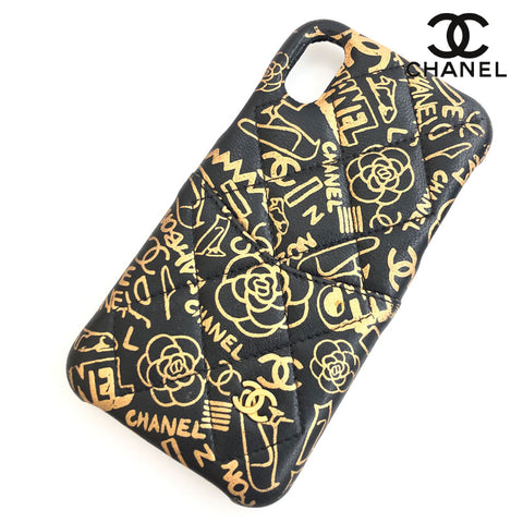 Chanel Chanel Matelasse Camellia Kalbskin iPhonex Mobile Hülle Black X Gold C3048