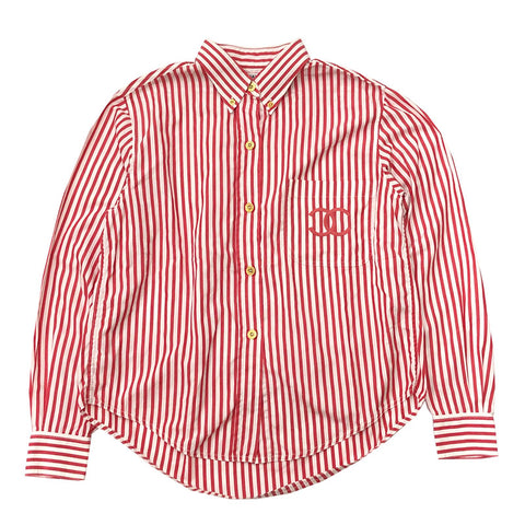 Chanel Stripe Coco Mark Long Sleeve Hemd rot x Weiß P11110