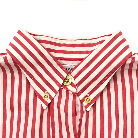 CHANEL Vintage Coco Mark Logo Shirt Top Button up Stripe White 