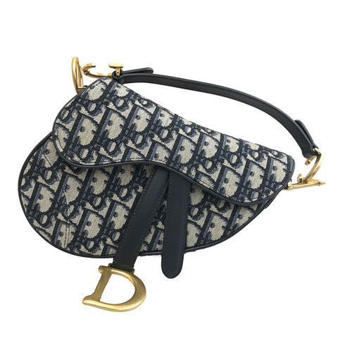 Christian Dior Oboque Jacquard Sattel Mini Handtasche Leinwand Leder Navy P12458