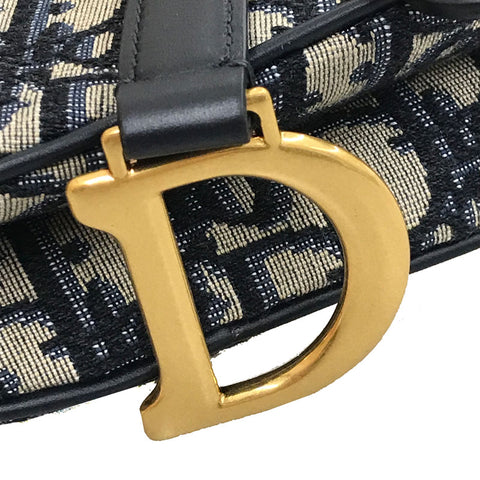 クリスチャンディオール Christian Dior オブリーク ジャカード サドル ミニ ハンドバッグ キャンバス レザー ネイビー P12458