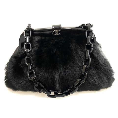 Chanel Coco Mark Fell Plastikkette Handtasche Leder Schwarz C2125