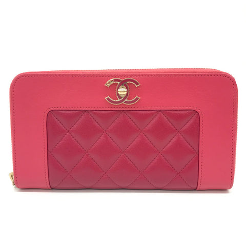 Chanel Chanel Mademoiselle Coco Mark Round Fledering Long Wallet Leder Pink P11421