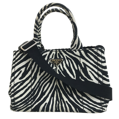 Prada Triangle Logo Zebra 2way Hand Umhängetasche Leinwand Schwarz weiß P12516