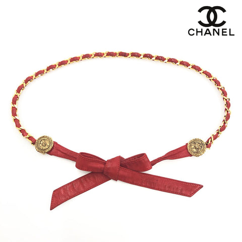 Chanel CHANEL Ribbon Chain Belt Leather Red x Gold C1002