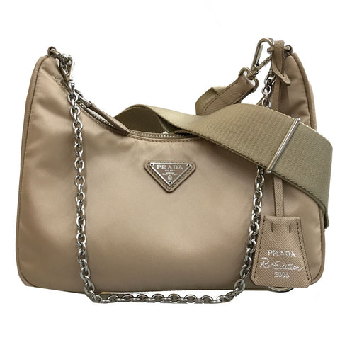 Prada Triangle Logo Kettenumhängetasche Re Nylon Beige P12533