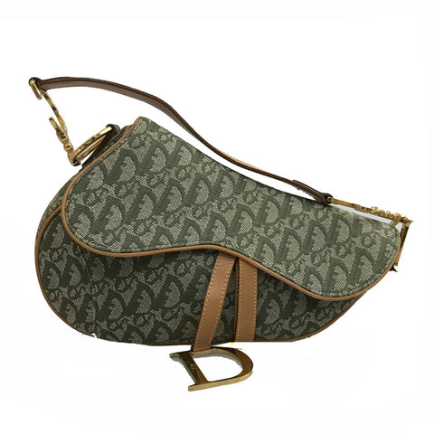 Christian Dior Trotter Muster Sattel eine Umhängetasche Leinwand x Leder Grün P11534