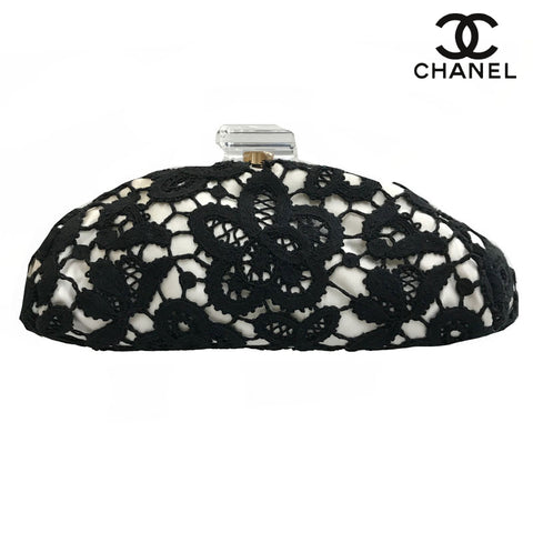 香奈儿可可马克花边蕾丝离合器袋缎面黑色C2616