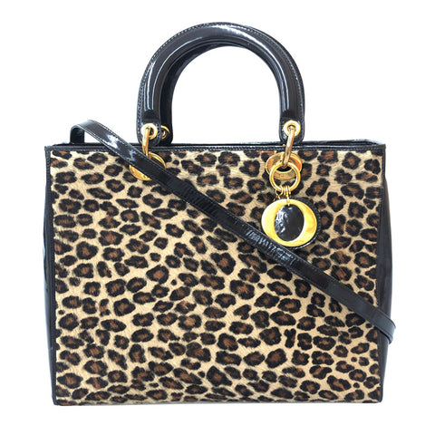 Christian Dior Lady Dior Leoparden -Drucken -Umhängetasche Harako Patent Brown P11610