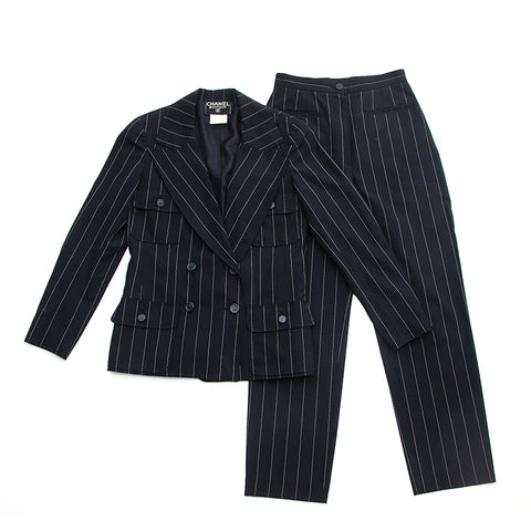 Chanel CHANEL Striped Tailored Double Jacket Pants Suit Setup Navy EIT –  NUIR VINTAGE