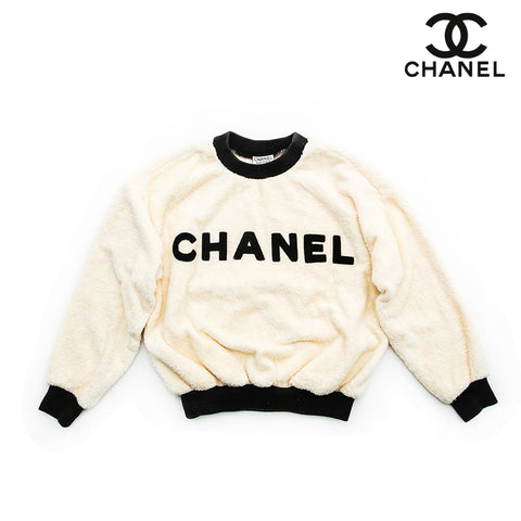 Chanel CHANEL Bicolor Logo Pile Sweater Beige X Black P12778