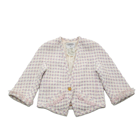 Chanel Coco -Knopf Glitzer Tweed Jacke Weiß X Purple x Pink P12887