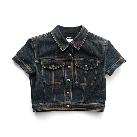 香奈儿可可按钮牛仔布上夹克海军P12923