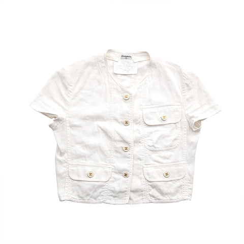 香奈儿可可纽扣开衫顶部短袖衬衫白色P12933