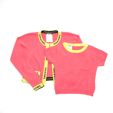 香奈儿双色羊绒顶级开衫合奏粉红色X黄色P12973