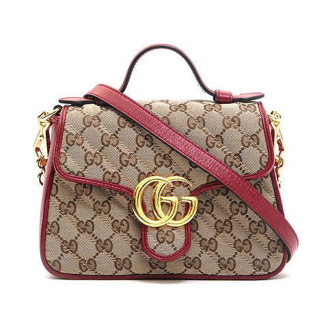 Gucci GG Marmont迷你顶部手柄肩袋米色X红色P13021