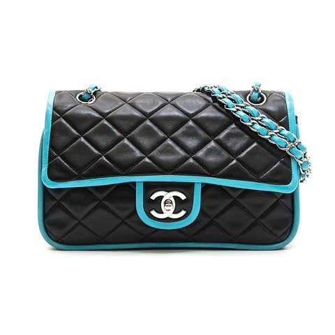 Chanel CHANEL Bicolor Matrasse Double Flap Chain Shoulder Bag Black x Blue P13083