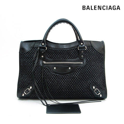 Balenciaga Balenciaga Straw Leather The City Handbag Black P13223
