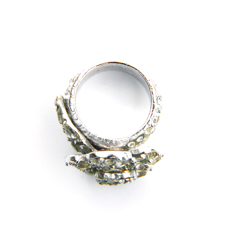 Chanel Coco Mark Camellia Rhinestone Size 54 Ring Silver