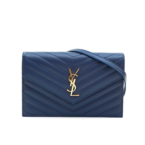 Yves Saint Laurent Yves Saint Laurent乙烯基徽标手拿包钱包链海军P13475