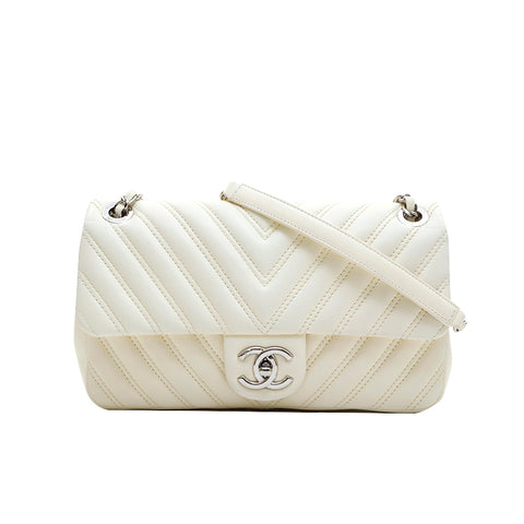 Chanel CHANEL V Stitch Lambskin Double Chain Diagonal Shoulder Bag Whi –  NUIR VINTAGE
