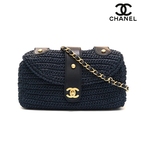 シャネル CHANEL ココマーク ストロー チェーン 斜め掛け ショルダーバッグ ネイビー P13688